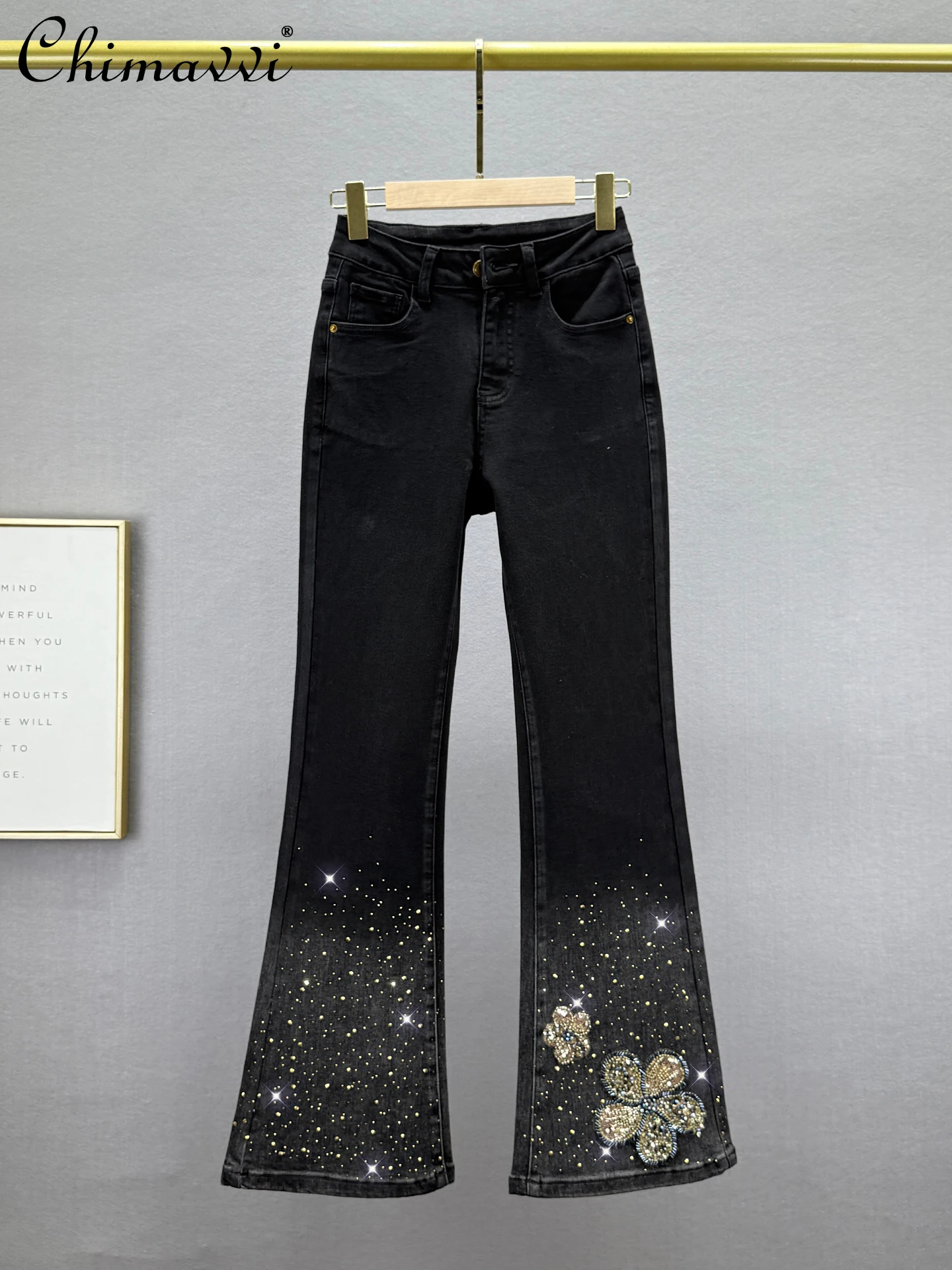 

Vintage Flared Jeans for Women 2025 Autumn Clothes New Fashion Stretch High Waist Slim Fit Distressed Rhinestone Long Pants