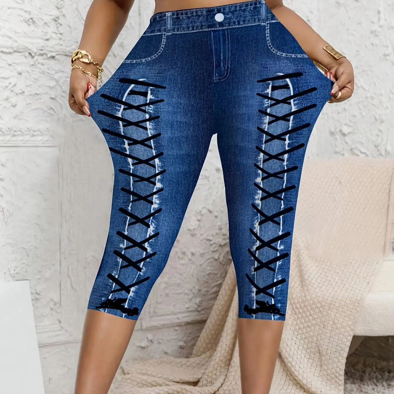 AliExpress NONE Plus Size High Waist Biker Shorts, 3-Button Tummy Control Yoga Shorts, Faux Denim Jean Look Compression Cycling Shorts