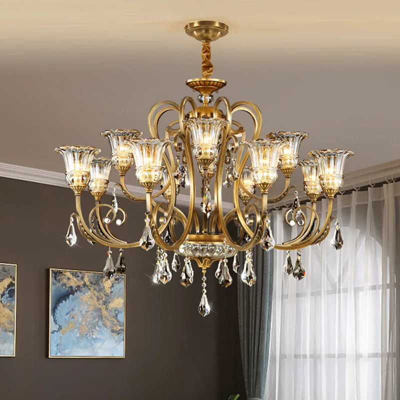 

Chandelier Living Room Light All Copper Villa Luxury Atmospheric Dining Room Modern Simple Crystal Lighting
