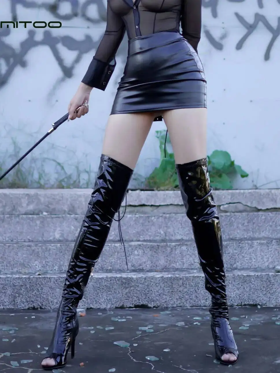 Sexy Style Hot Girl Leather Skirt PU Short Skirt Exposed Buttocks High Waist Tie Half Skirt Patent Leather Mini Skirt OL VMX8