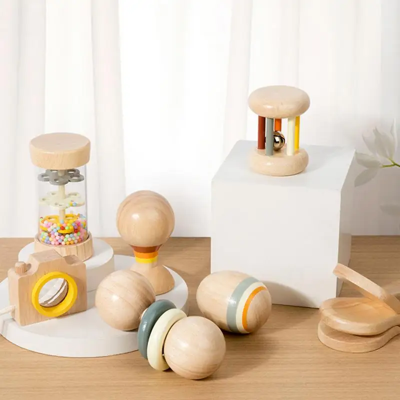 

Wooden Kid Toys 7X Wood Colorful Rattle Teether For Kids Educational Multifunctional Rolling Rattle Toy With Bells For Boys