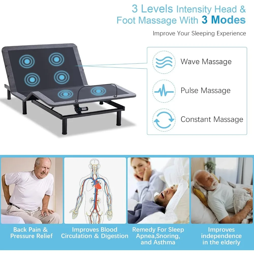 إطار سرير قابل للتعديل كوين مع تدليك، جهاز تحكم عن بعد لاسلكي، ميل مريح للرأس والقدم، جاذبية صفرية، النمل