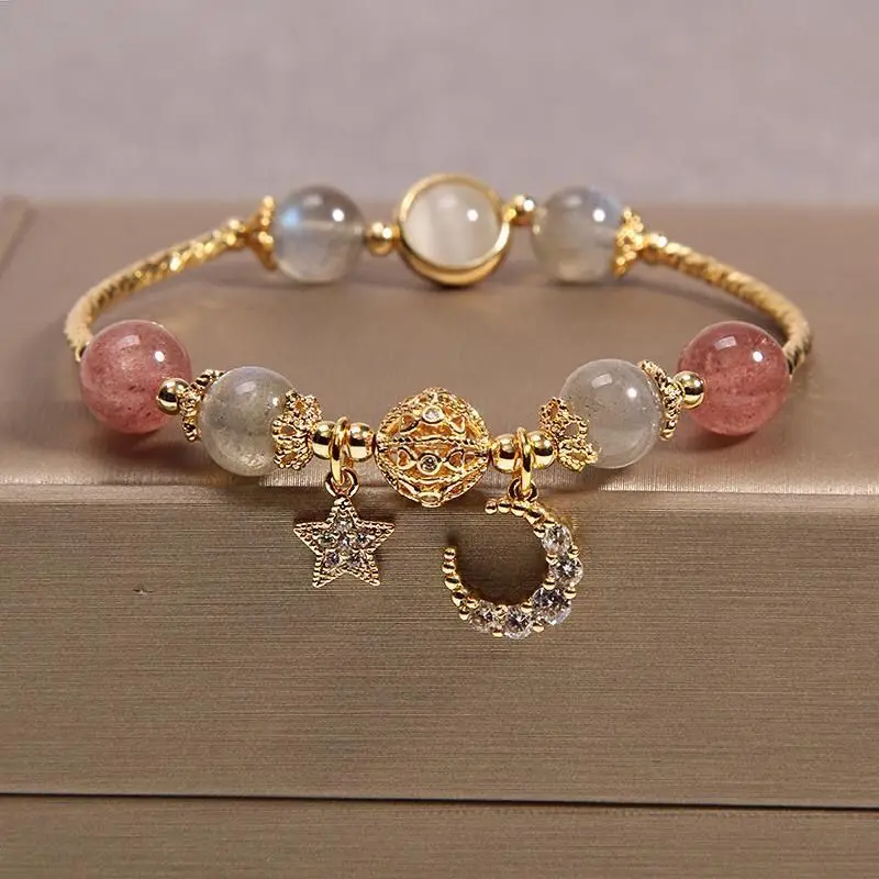 Natural Moonstone Crystal Bracelet Women's Strawberry Crystal Star Moon Love Hand String Cute Girl Ins Niche Design Light luxury