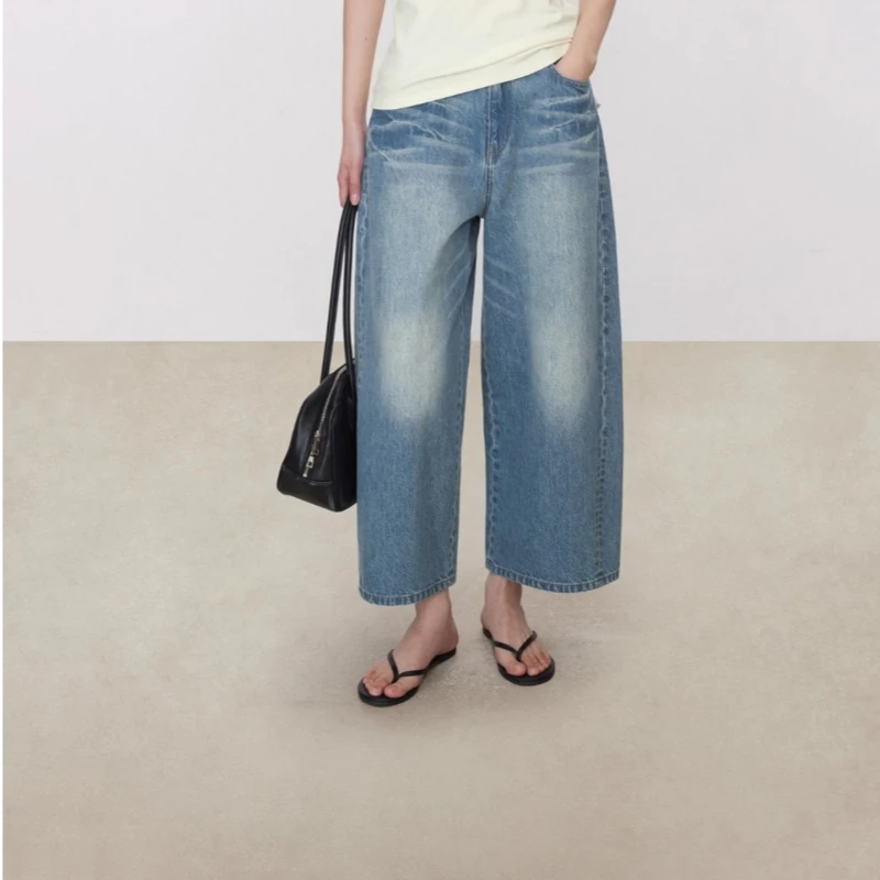 

25 year spring/summer new all cotton denim retro washed pleated American arc wide leg cropped jeans