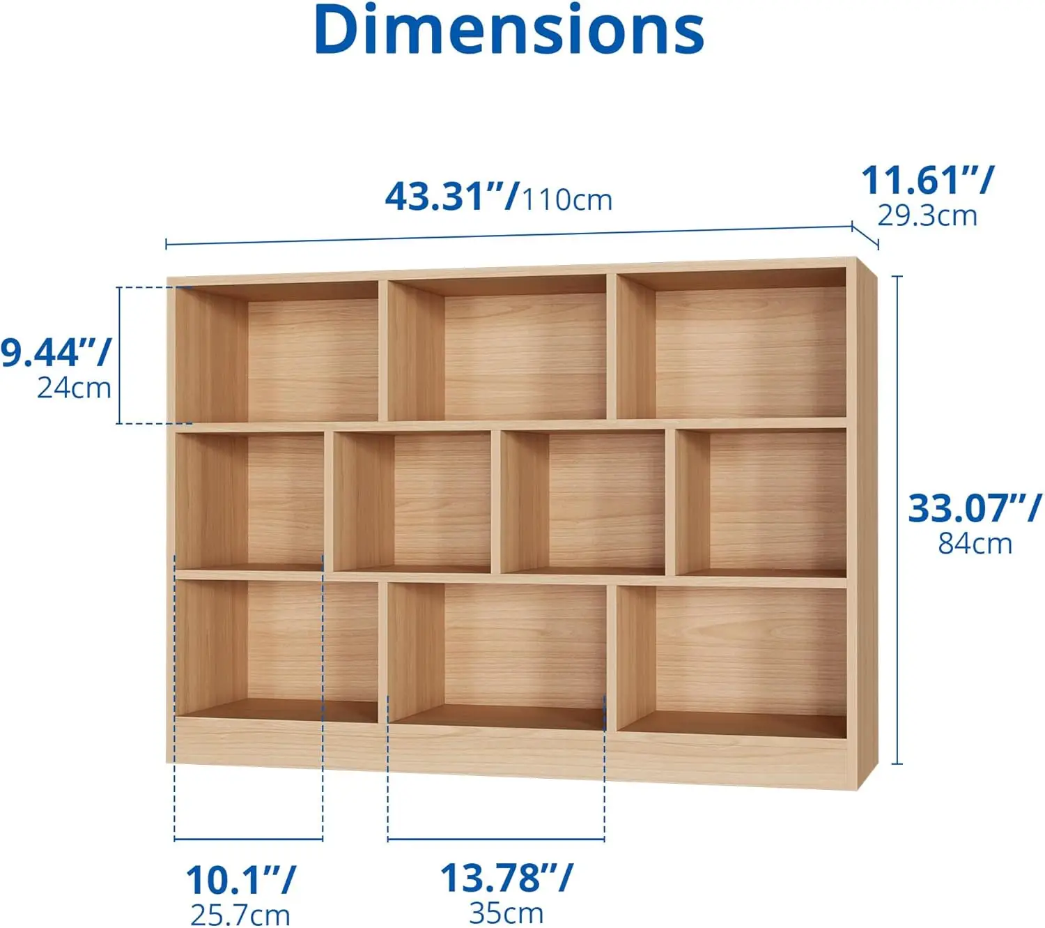 Cozy Castle Oak Bookshelf, 3-Tier Open Shelf Bookcase, 10 Cube Storage Organizer with Anti-Tilt Device, Freestanding