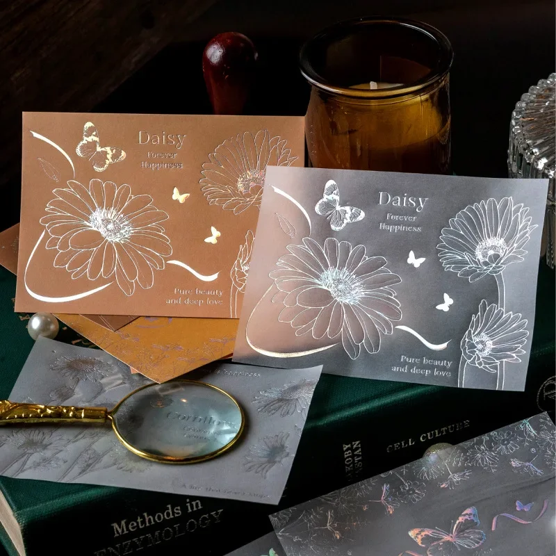 15pcs/pack Laser Silver Bronzing Light Feather Garden Retro Plants Scrapbooking Decorative Journaling Backing Paper