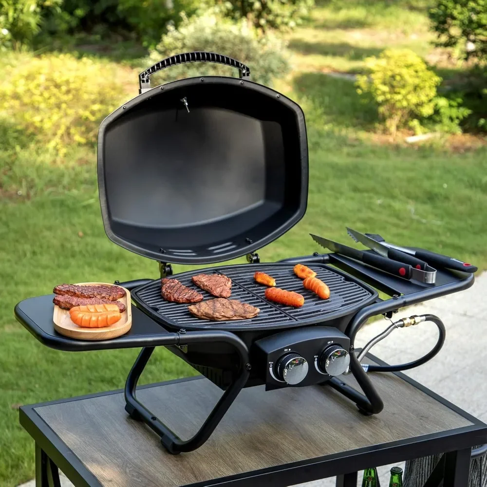 

Portable Propane Grill, 15,000 BTU Output TableTop Liquid Gas Grill with 2 Stainless Steel Burners, 275 sq.in. Cooking Area wit
