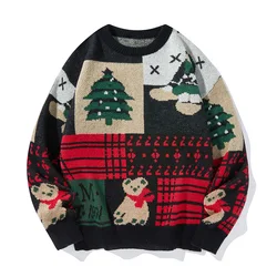 Contrast Color Plant&Flowers Geometric Crew Neck Men's Pullover Long Sleeve Sweater Knitted Christmas Autumn Winter Casual Tops