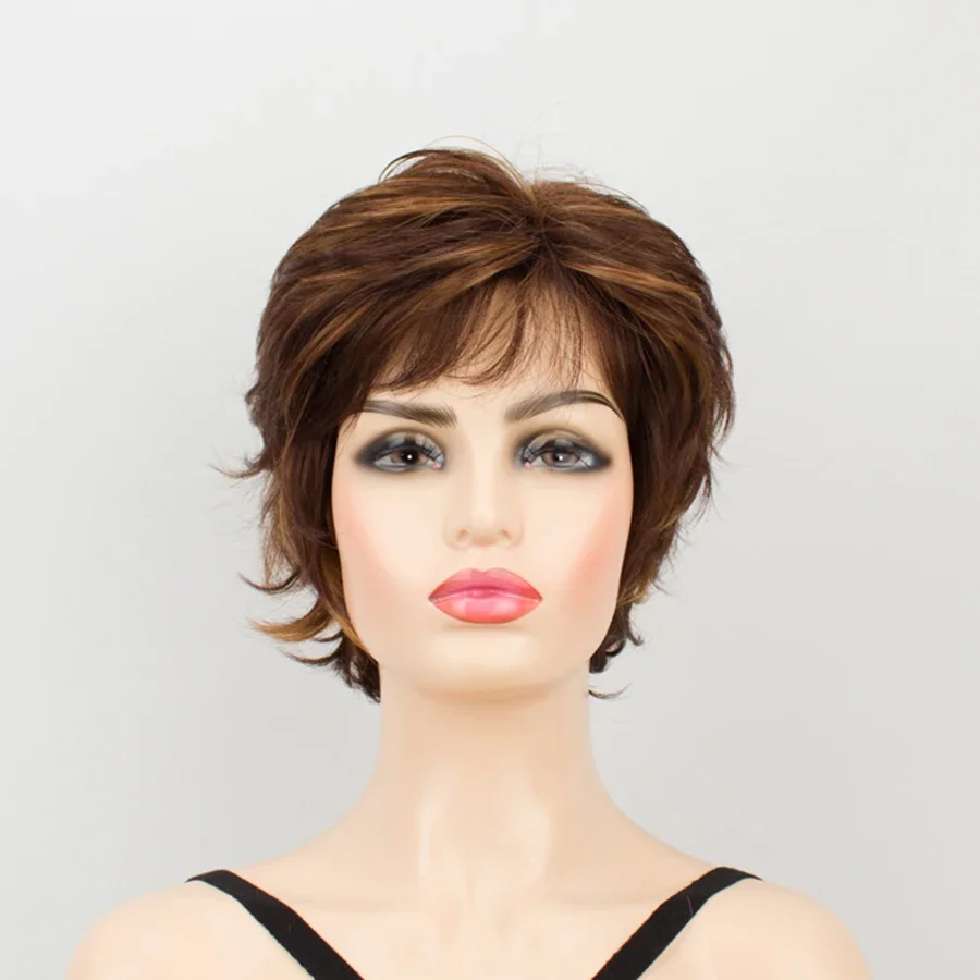 

Short Brown with Highlights Layered Pixie Cut Wig with Bangs Heat Resistant Synthetic Hair Wig for Women