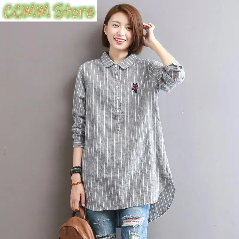 

Fashion Lapel Asymmetrical Embroidery Striped Shirts Women Clothing Spring Autumn New Loose Casual Tops Irregular Blouses