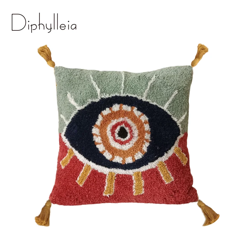 Diphylleia All Seeing Eye Tattoo Symbol Boho Cushion Cover Super Soft Tufted Decorative Square Accent Pillow Case With Tassels