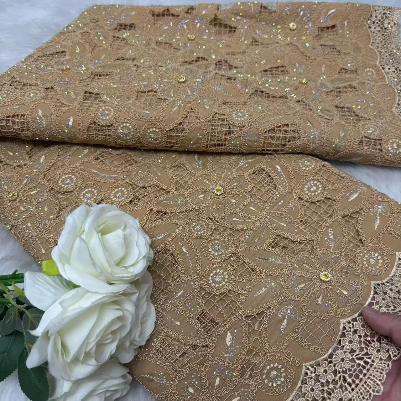 Latest Stones White Nigerian Embroidered Water Soluble Lace Fabric African Guipure Cord Lace Fabric Sewing Women Dresses H115-1