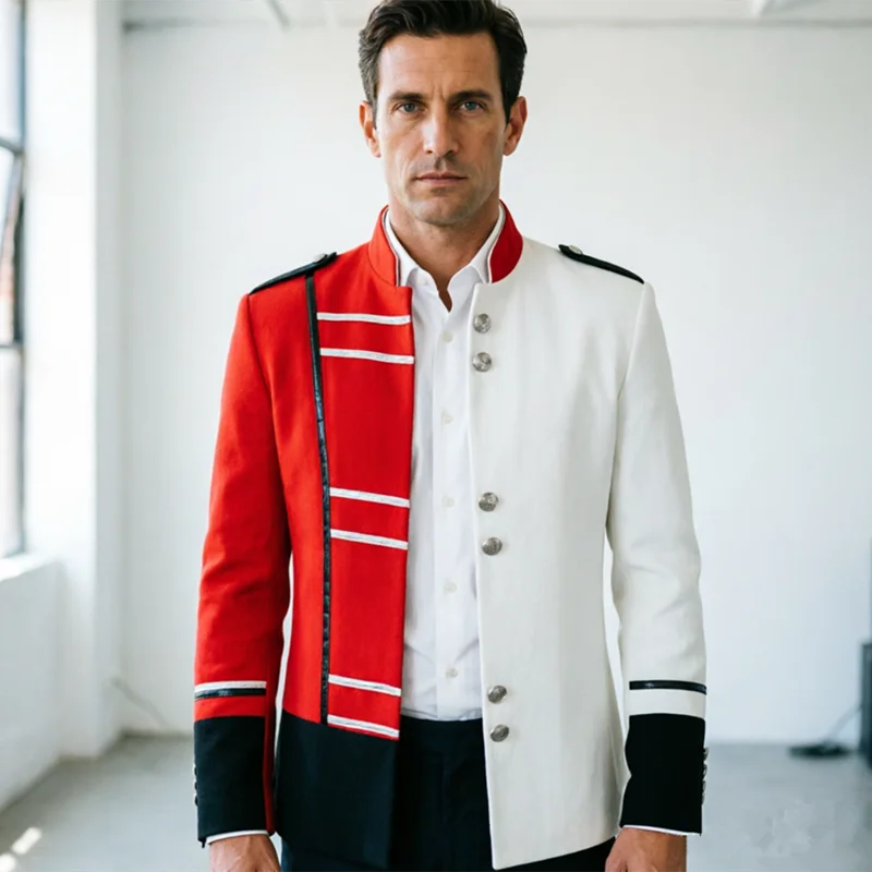 Fashion Men Spliced Suit Cardigan Jacket Trendy Singer Stage Performance Stand Up Collar Blazer Coats