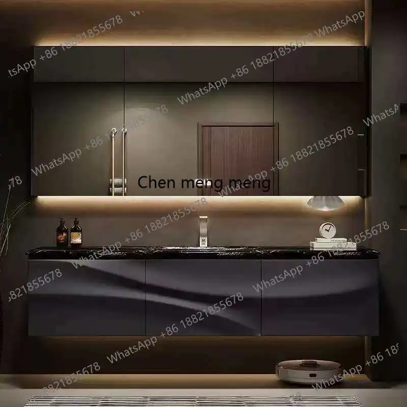 

French light luxury paint solid wood bathroom cabinet luxury stone washbasin oak washbasin