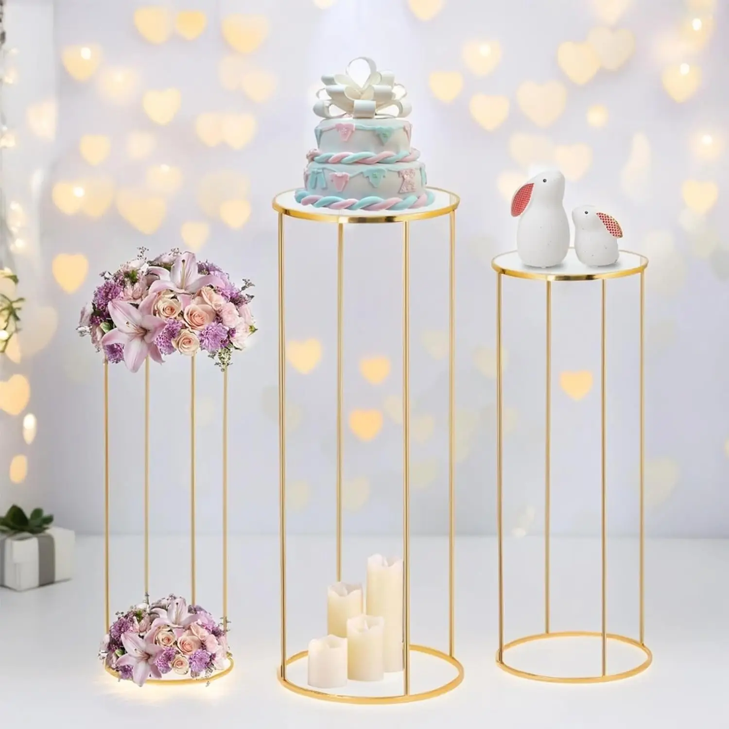 

3-Piece Gold Metal Plant Stand Set, Cylinder Pedestal for Party Decor and Wedding Displays