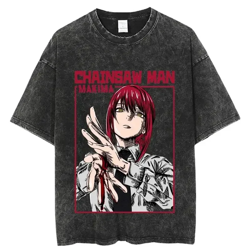 Vintage Washed Tshirts chainsaw man Anime T Shirt Harajuku Oversize Tee Cotton fashion Streetwear unisex top