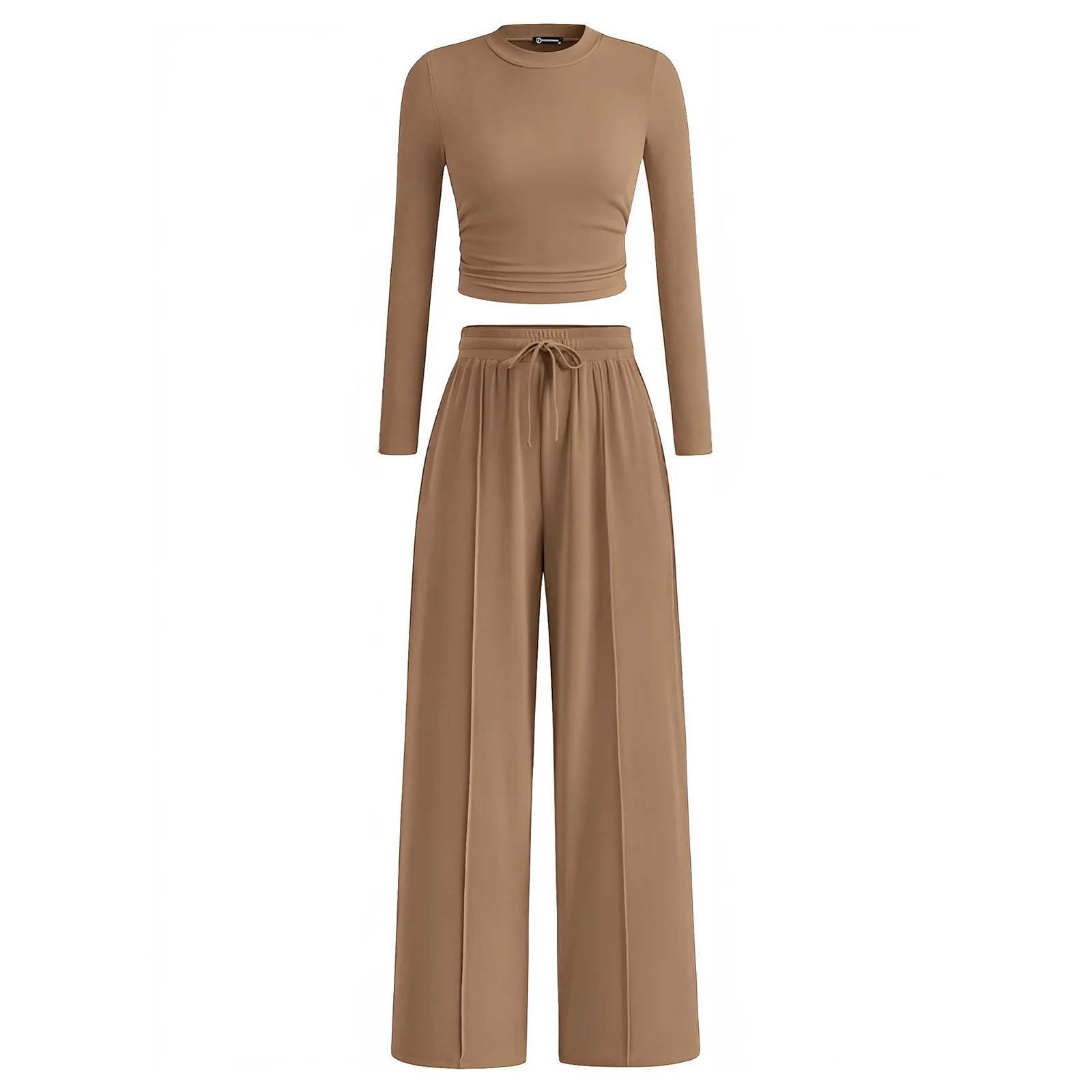 Ropa informal de 2 piezas para mujer, jersey de manga larga con cuello simulado, camiseta recortada y pantalones de pierna ancha, ropa de descanso para tiempo libre diario