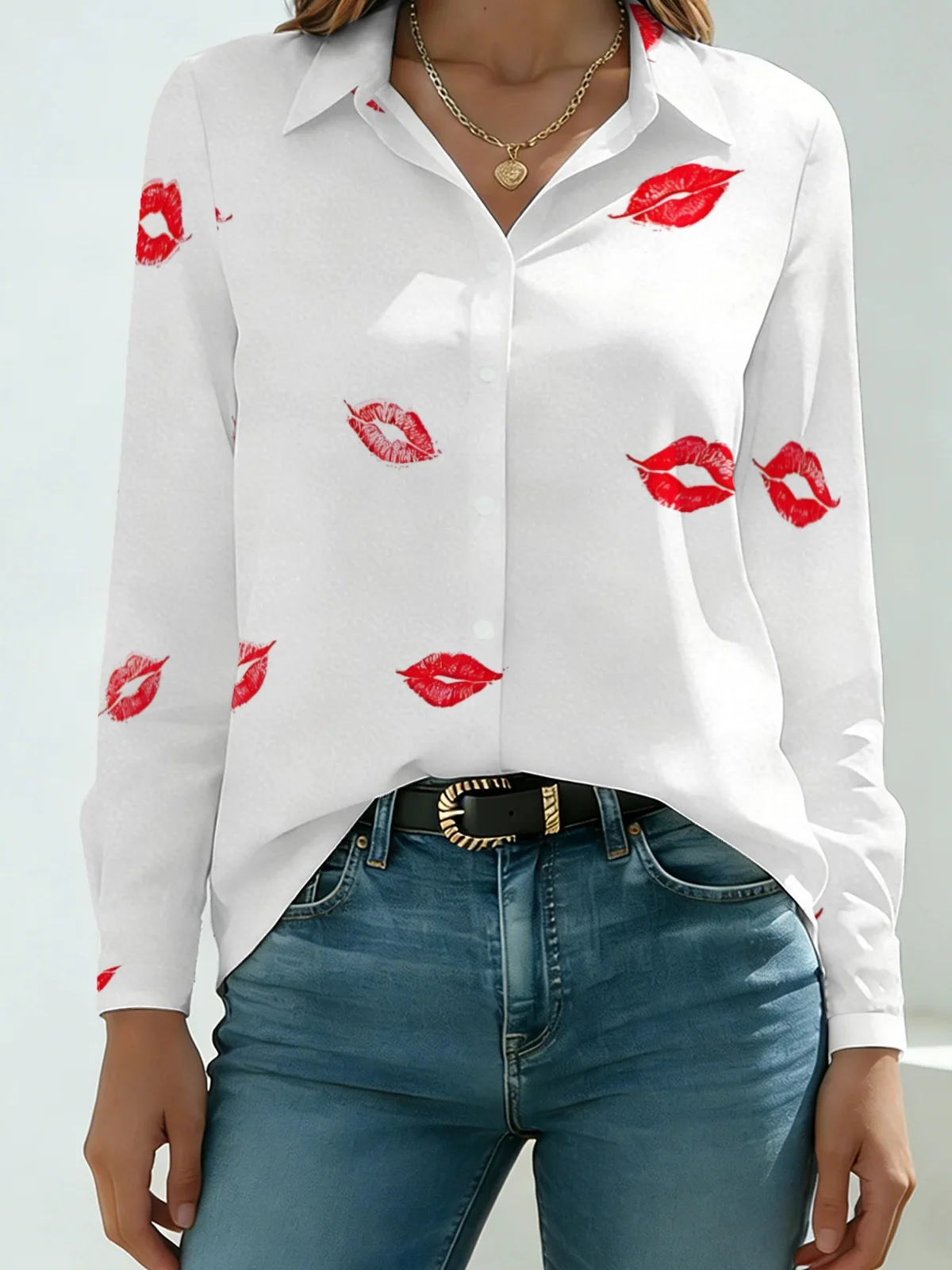 Sexy Dating Red Lip Kiss Women Long Sleeve Shirt Pure White Base Scattered Retro Lipstick Mark Lapel Button Down Valentine Party view 2