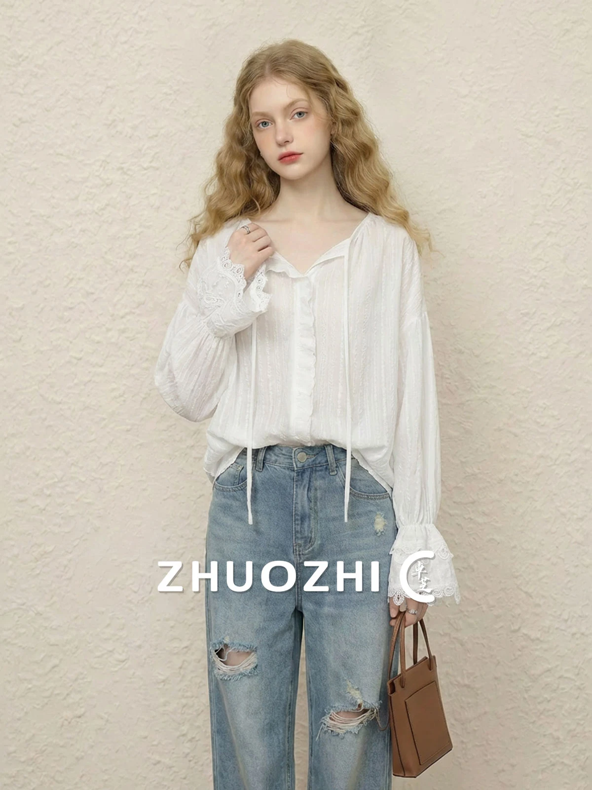 

Женская блузка ZhuoZhi Весна 2026 с длинным рукавом, свободного кроя, для повседневной носки, с бантом и деревянным декором, комфортная