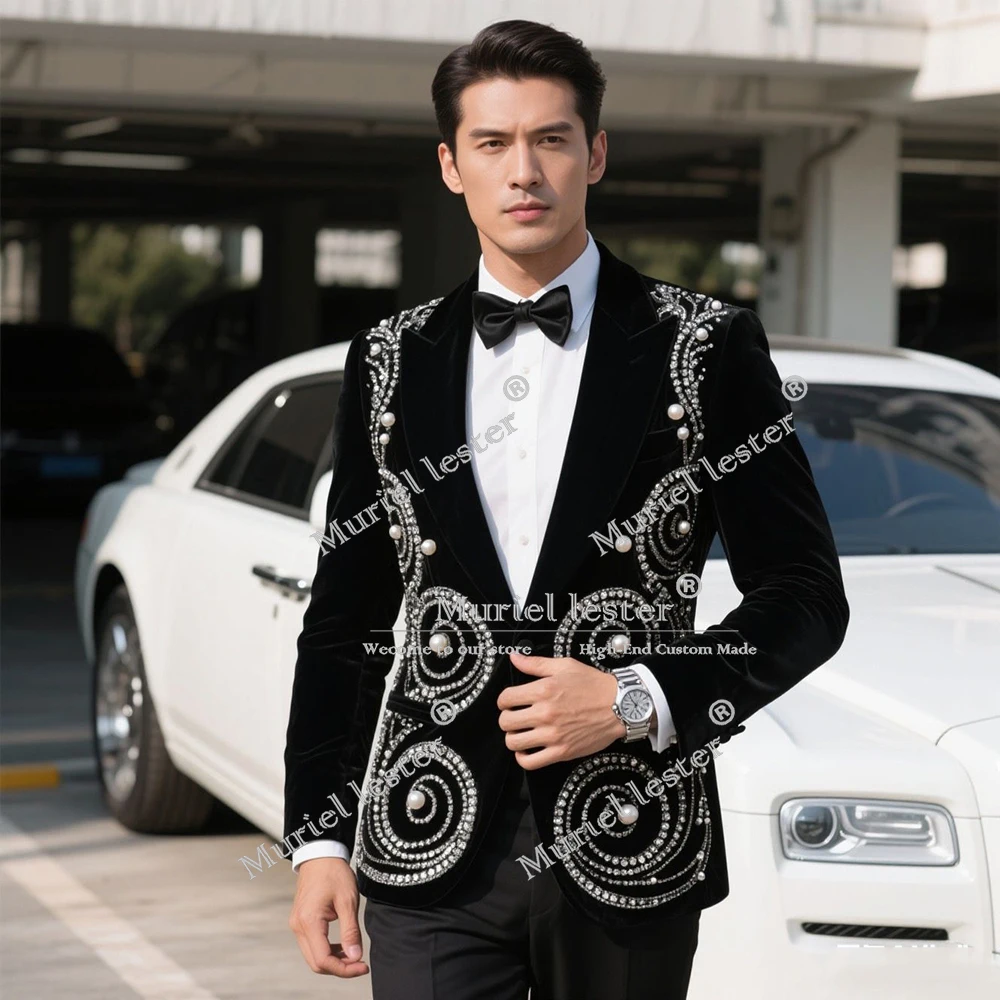 

Beaded Crystals Men Suit Sparkly Peaked Lapel Male Prom Blazer Customized Wedding Groom Tuxedos 2 Piece Sets trajes para hombre