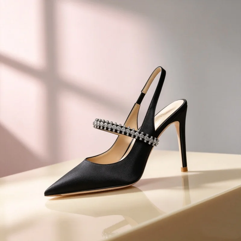 Ladies Point Toe Stiletto Sandals Glossy Patent Leather Sparkling Crystal Decor Elegant Fairy Style Daily Party High Heels