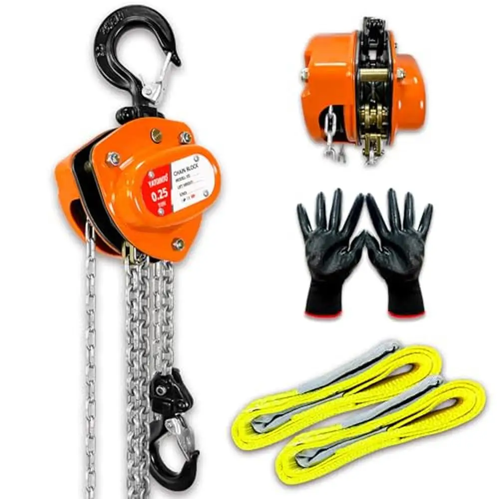 1/4 Ton Chain Hoist 2 Lift Sling Straps & Gloves Mini Manual Hoist 10FT Lift Heavy-Duty Alloy Steel Corrosion-Protected Brake