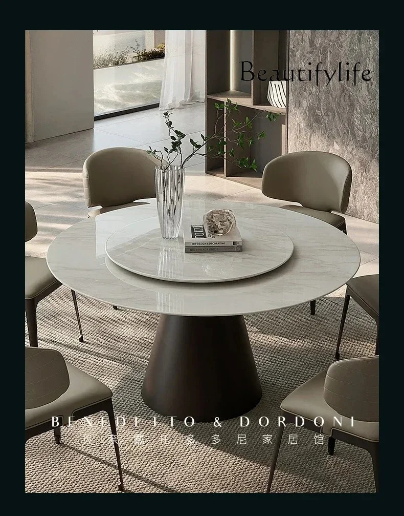 V Natural Marble Round Table Light Luxury Dining Table High-end Villa Italian Minimalist Dining Table With Turntable