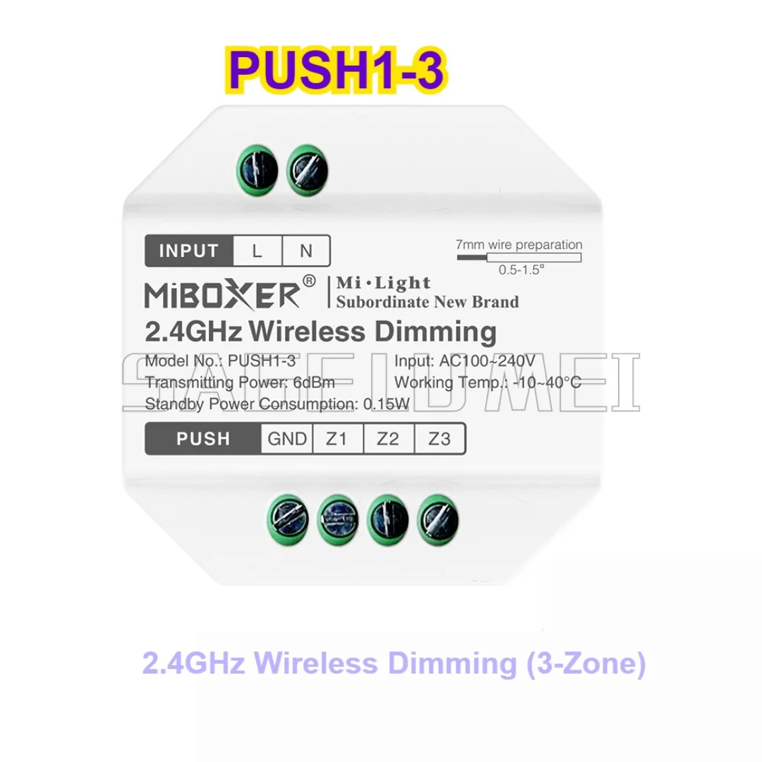3-Zone LED Controller PUSH1 PUSH2 GANG-E008/E009/E010 2.4GHz Wireless RGB+CCT/Brightness Dimming Dual White PUSH Switch Remote