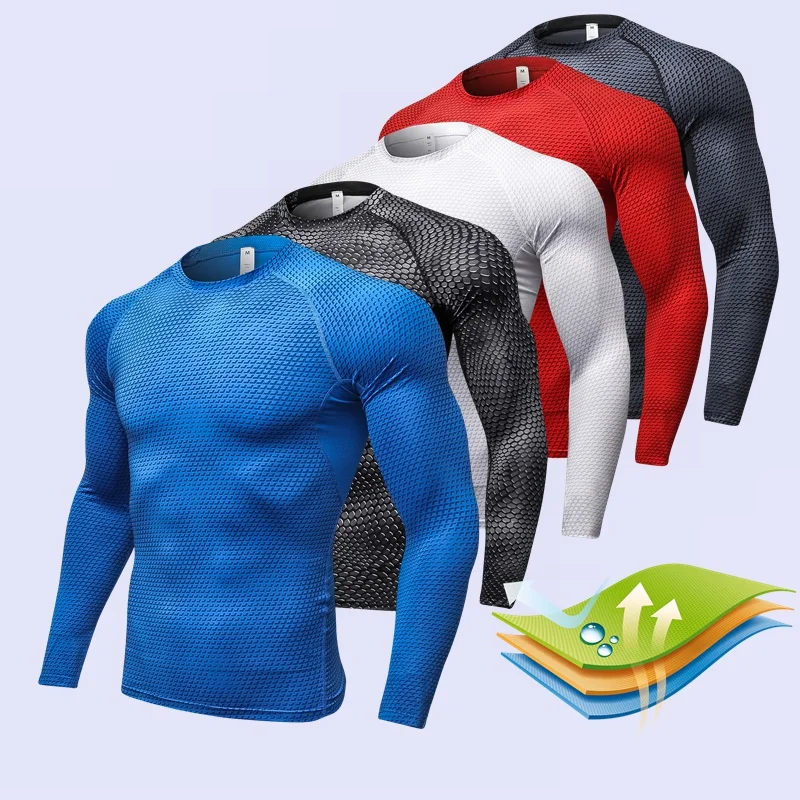 Men\'s Fitness Running Training Long-Sleeved Shirts Tight Elastic Quick-Drying Clothes Gym T-Shirt Workout Athletic Undershirts