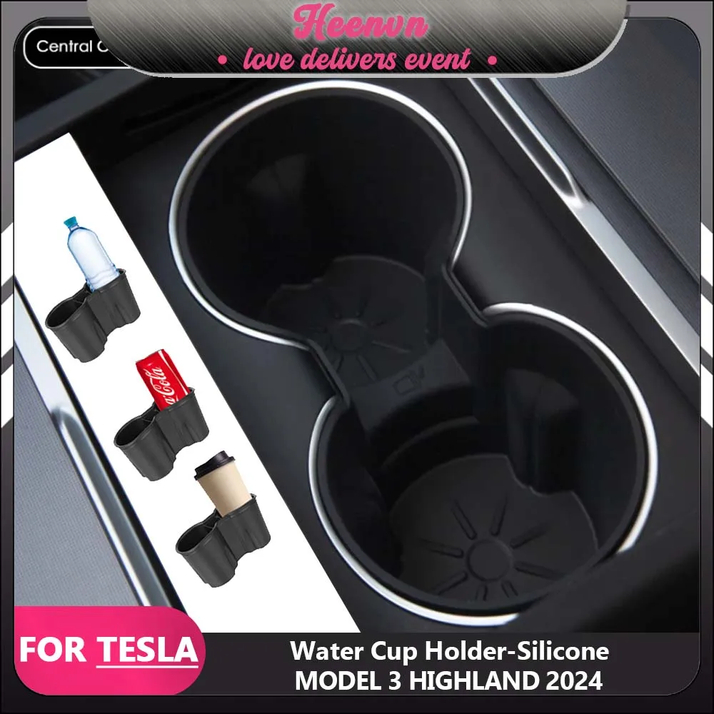 For Tesla Model 3 Highland 2024 Water Cup Holder Insert Center Console Organizer  Silicone Storage Box Model 3 Auto Accessories