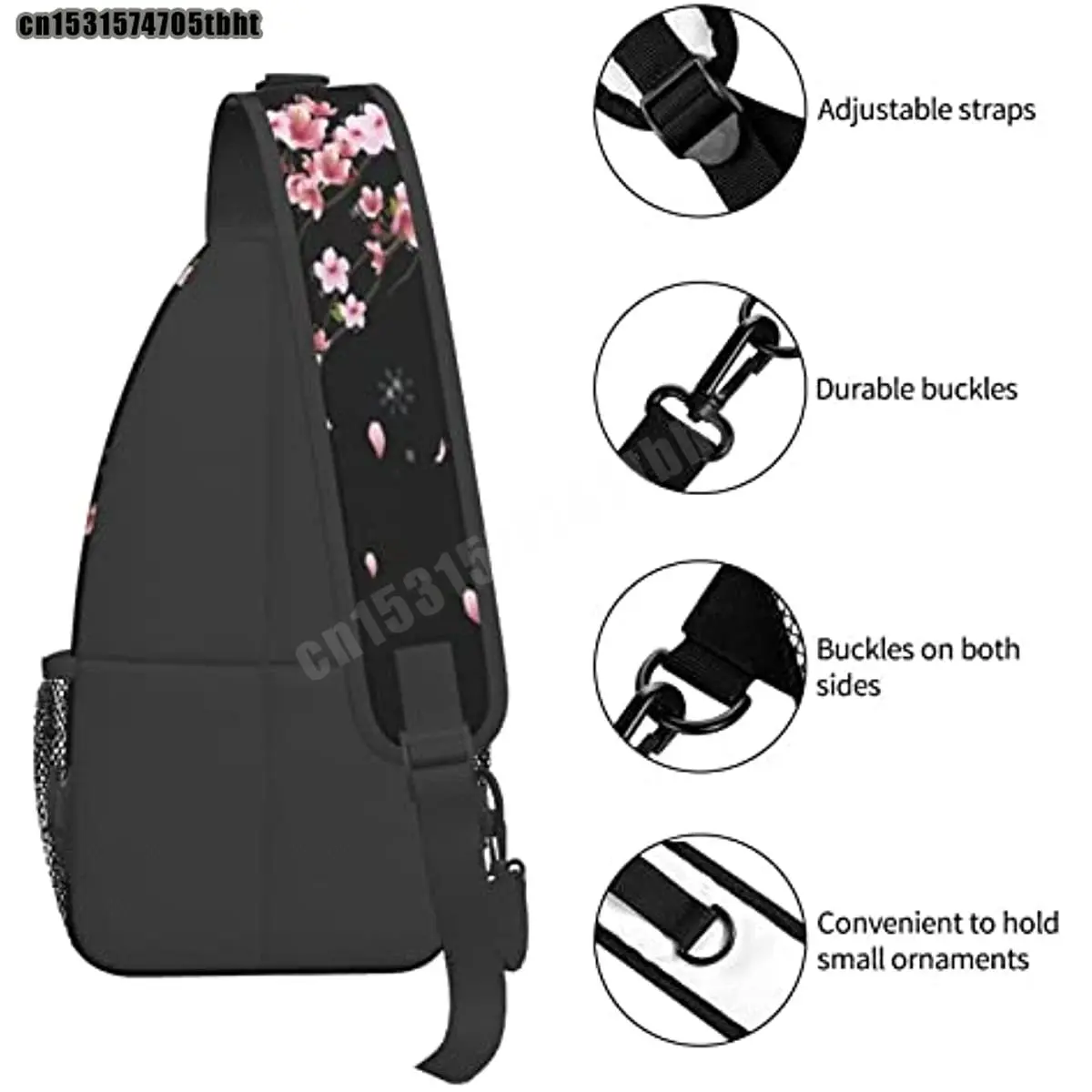 Cherry Blossom Sling Bag Crossbody Backpack,Falling Flower Petals Cherry Blossom Bloom Tree Branch Chest Bag Adjustable Casual