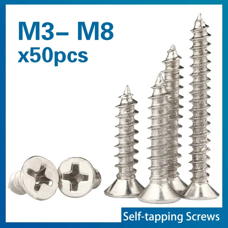 

50pcs/lot Cross Recessed Countersunk Flat Head Self-tapping Screw M3 M3.5 M4 M5 M6 M8 Stainless Steel Phillips Furniture Screw