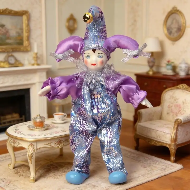 

Fashion Porcelain Clown Doll Smiling Harlequin Doll with Sequined Circus Clothes For Valentin Halloween Gifts Home Decor