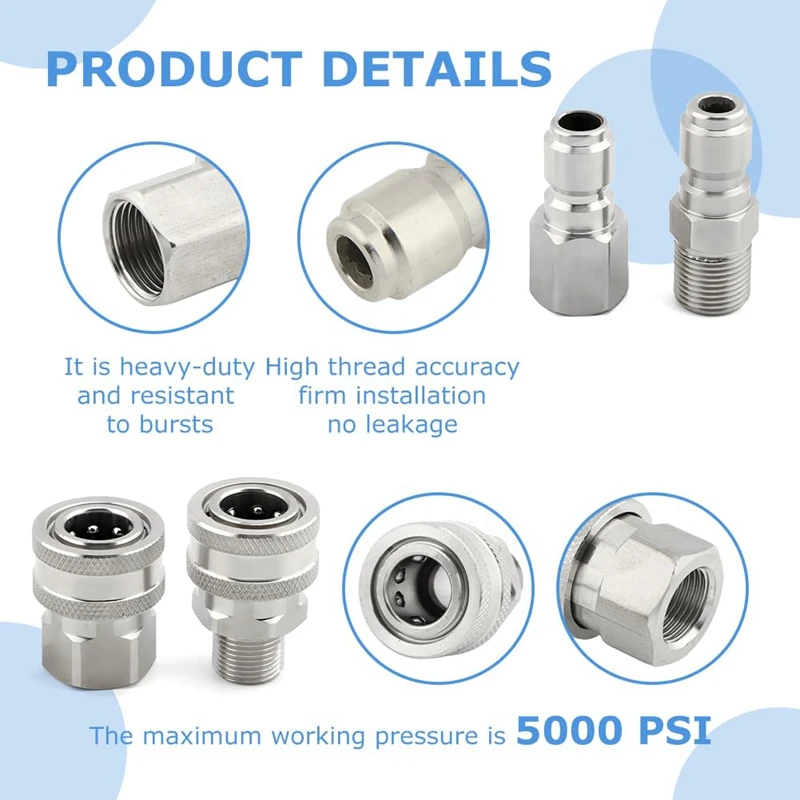Pressure Washer Quick Connect Kit 3/8 Inch Female and Male Thread Pressure Washer Adapter Hose Fittings Stainless Steel