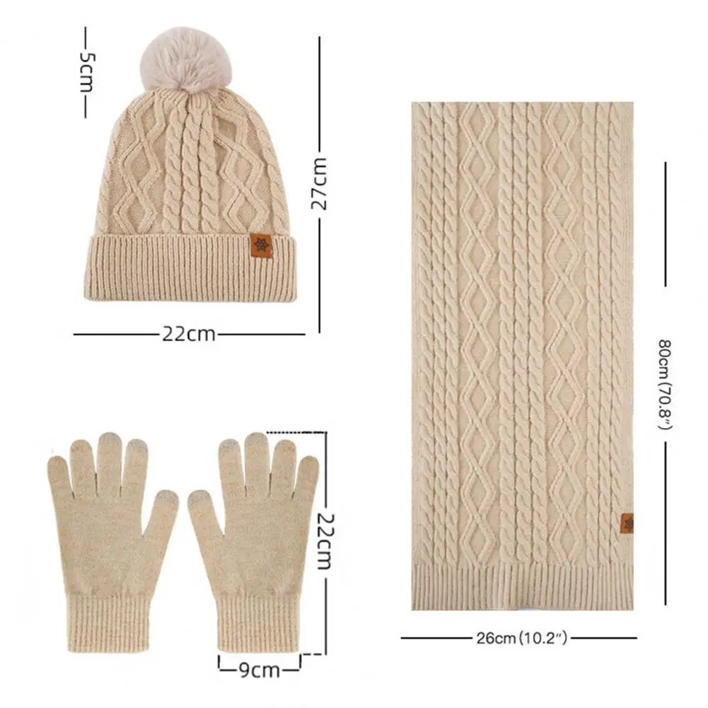 Ensemble écharpe et gants à écran tactile pour femme, bonnet Bergame torsadé, long chapeau, décor de boule en peluche, hiver, 3 pièces