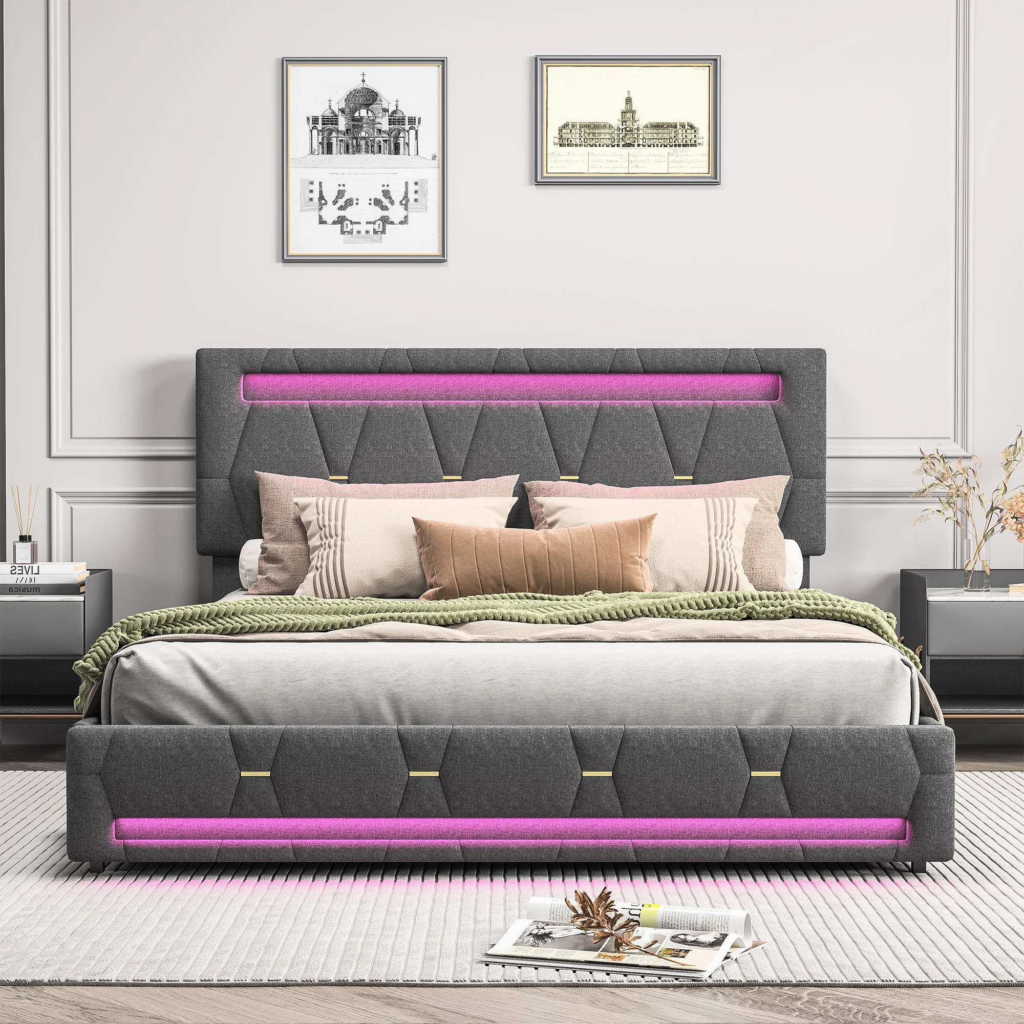 Upholstered Double Bed 140x200cm,LED Bed with 4 Drawers and Adjustable Headboard,Bed Frame with Wooden Slatted Frame,No Mattress