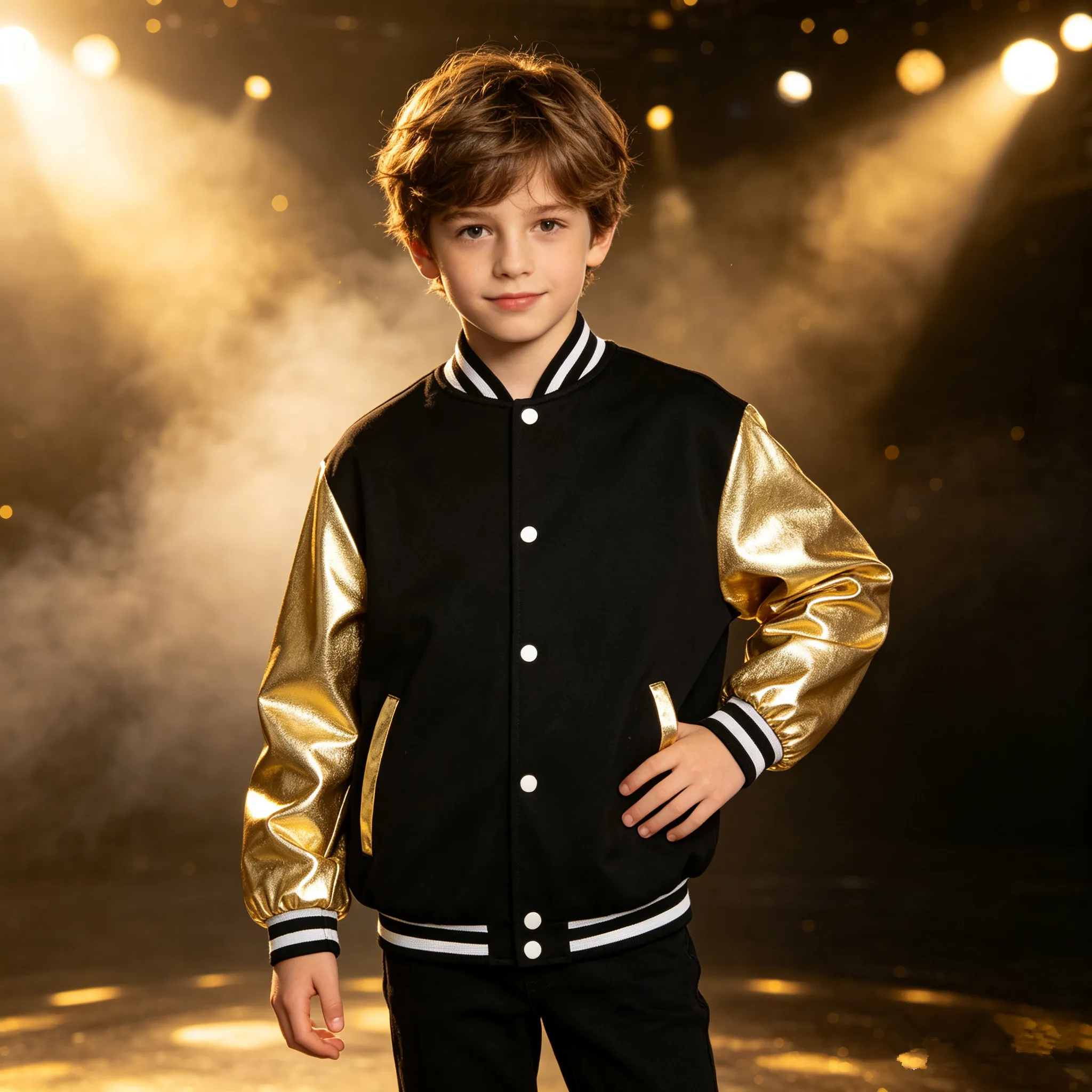 Boys Girls Kids Baseball Jacket With Pockets Hip Hop Costume Metallic Shiny Long Sleeve Eagle Printed Bomber Jacket Outerwear