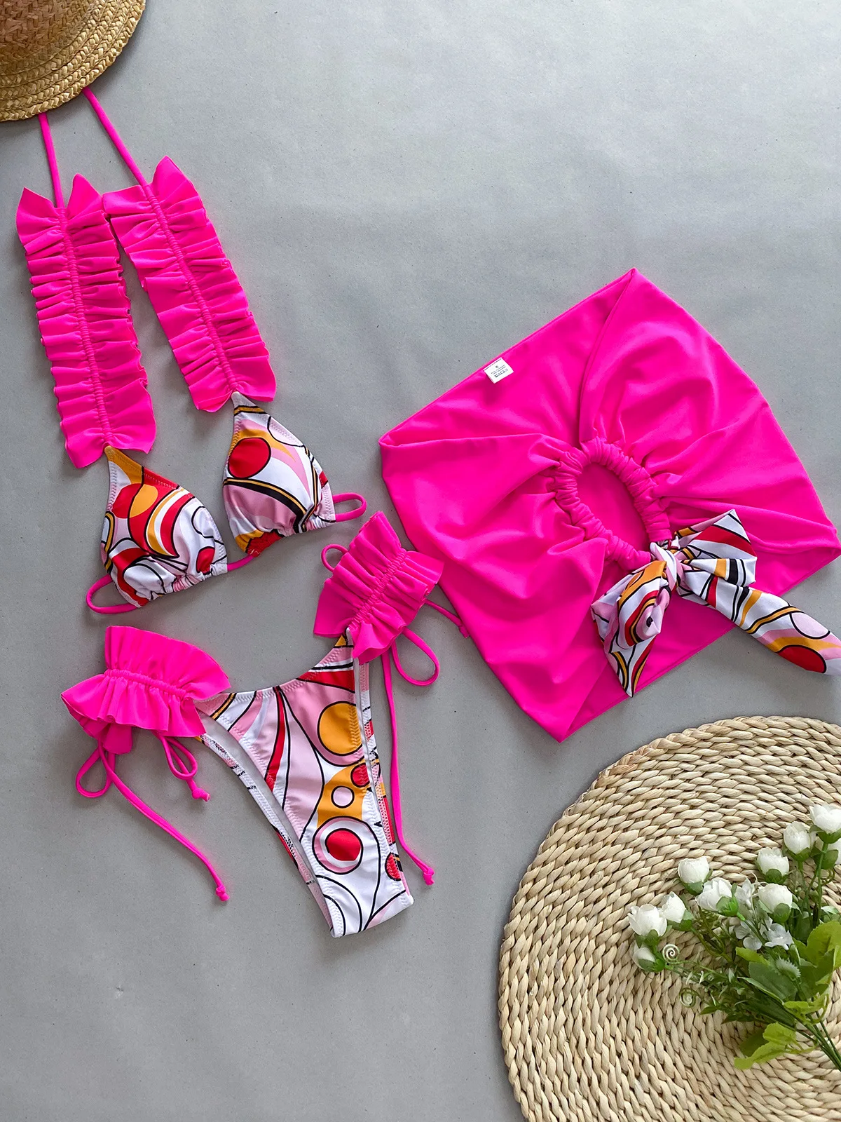 Maillot de bain froncé pour femme, ensemble bikini 3 pièces, jupe florale, vêtements de plage, nouvelle collection 2024