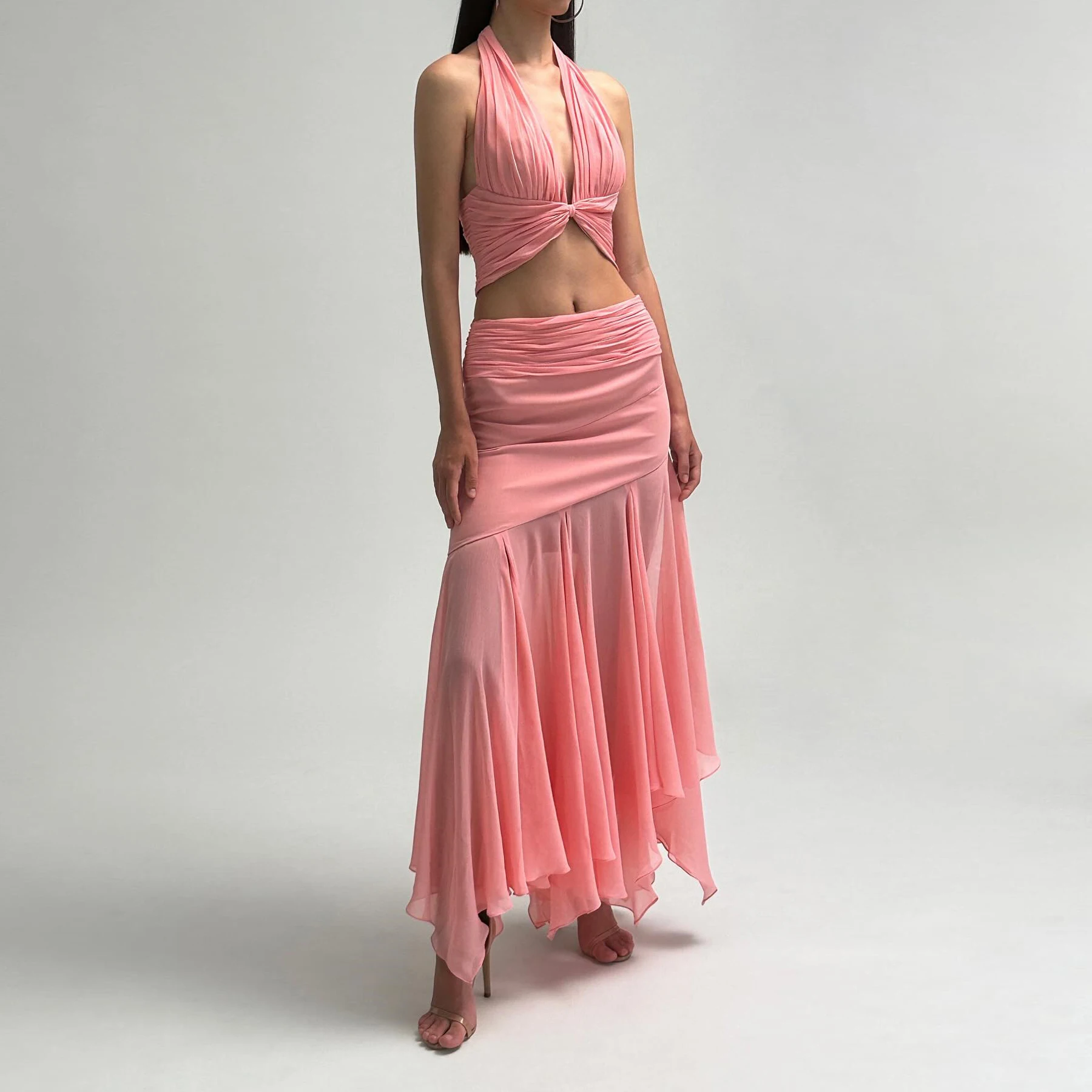 Custom Made Pink Pleated Chiffon Skirt Asymmetrical High Waist Long Women Holiday Beach Skirt Birthday Party Wear Formal Skirt