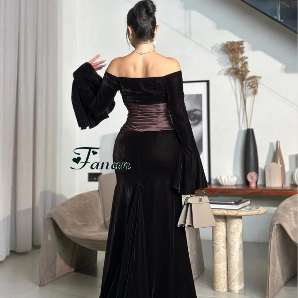 Customized Brown Velour Mermaid Evening Dress Boat Neck With Sweep Train Party Gown Full Sleeves Floor Length Prom Dress Elegant