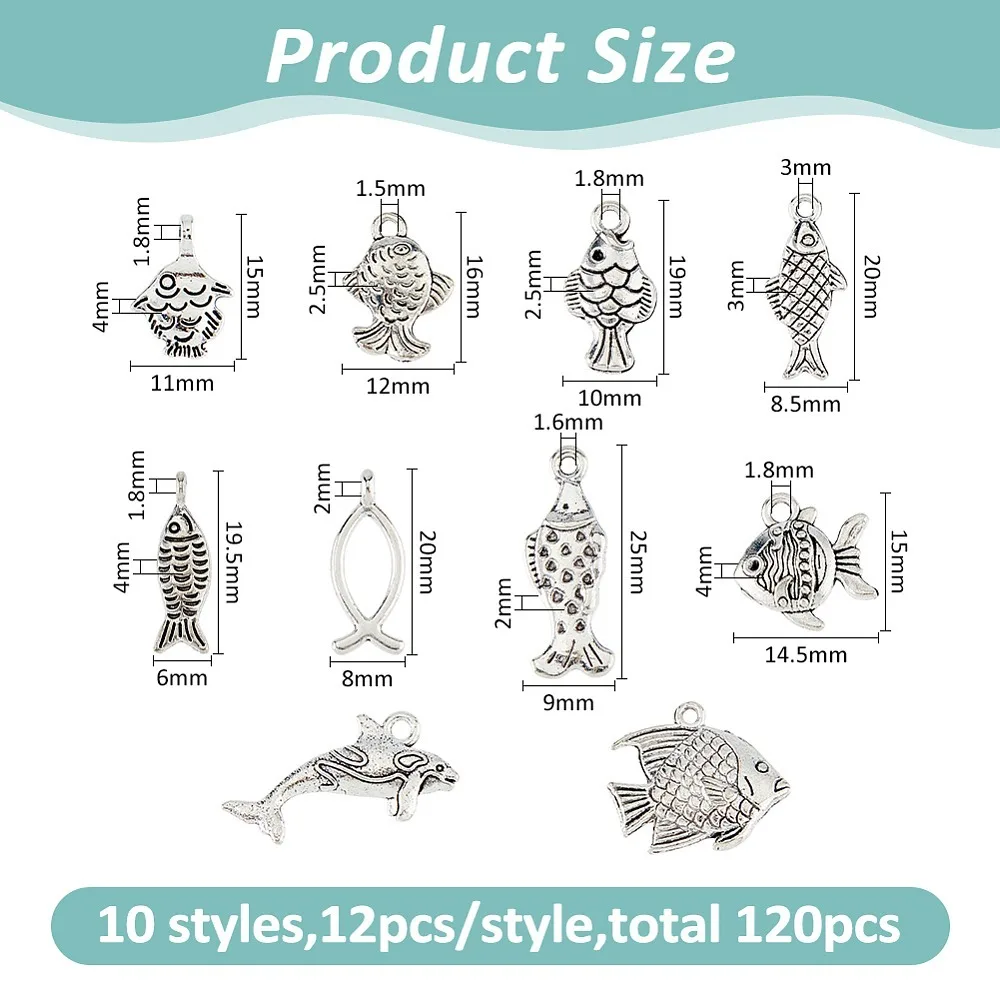 

120Pcs 10 Styles Style Alloy Pendants Fish Silver 12~25x6~24x2~4mm Hole: 1.5~2mm 12pcs/style