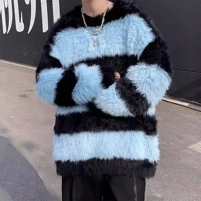 Retro Outerwear Trendy Brand European & American Street Colorblock Patchwork Crewneck Sweater Mink-Like High-End Knitwear
