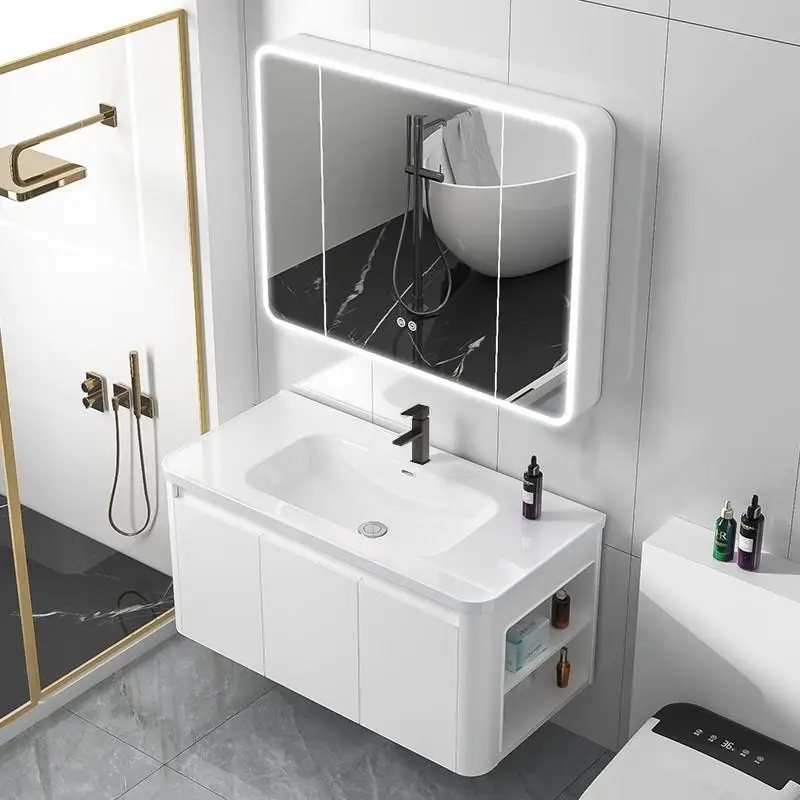 

Honeycomb space aluminum arc bathroom cabinet with side cabinet paper towel hole integrated ceramic wash basin combination