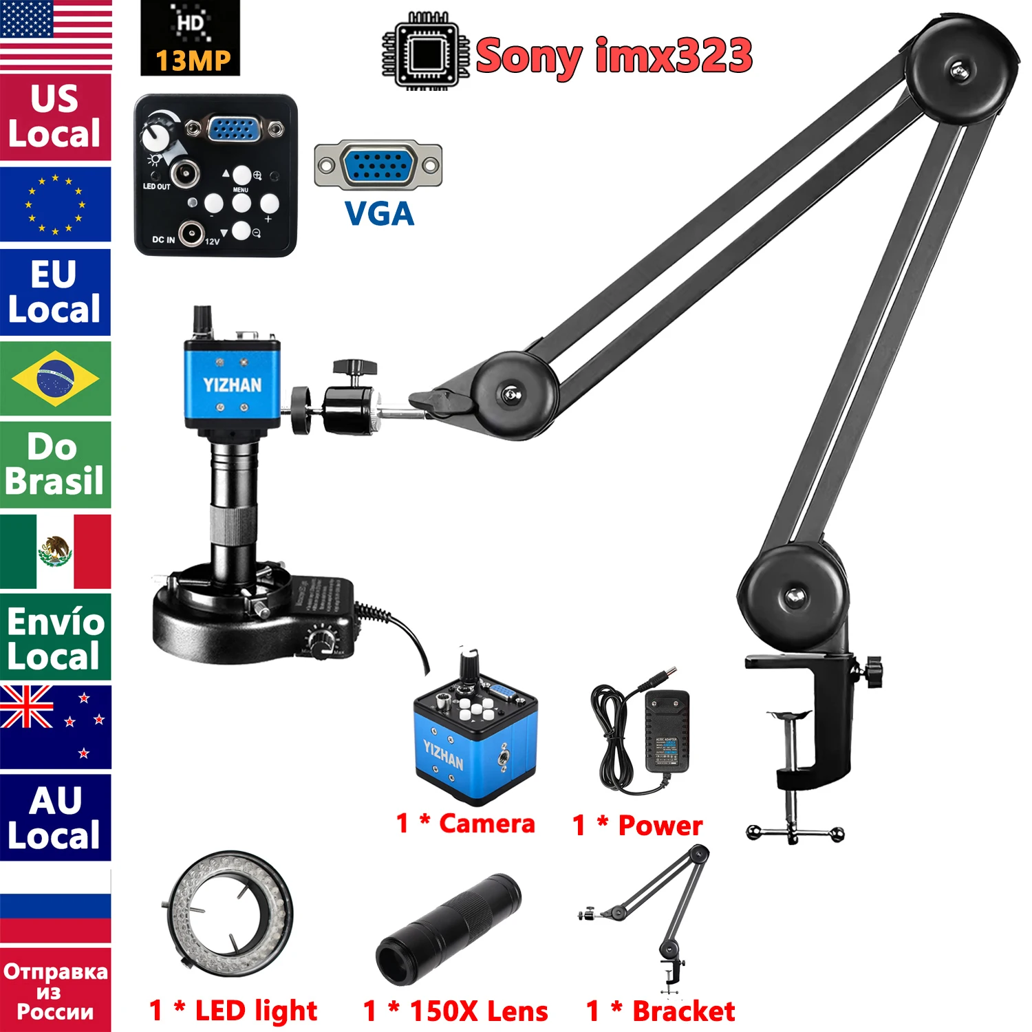 4K 48MP industriële microscoop met verbeterde standaard, 150X digitale videomicroscoop met USB-C HDMI-poort voor PCB-soldeerreparatie, Verzending vanuit Europa, snelle levering.