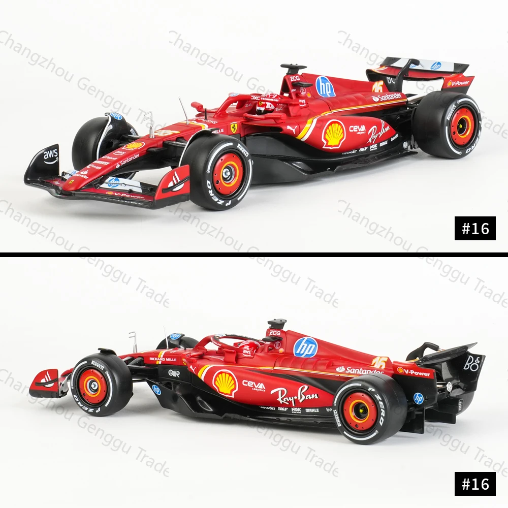 ブラーゴ-1-24-フェラーリ-2024-sf24-16台のf1フォーミュラカーのダイキャスト製コレクタブルモデルレーシングカーおもちゃ、アクリルボックス入り