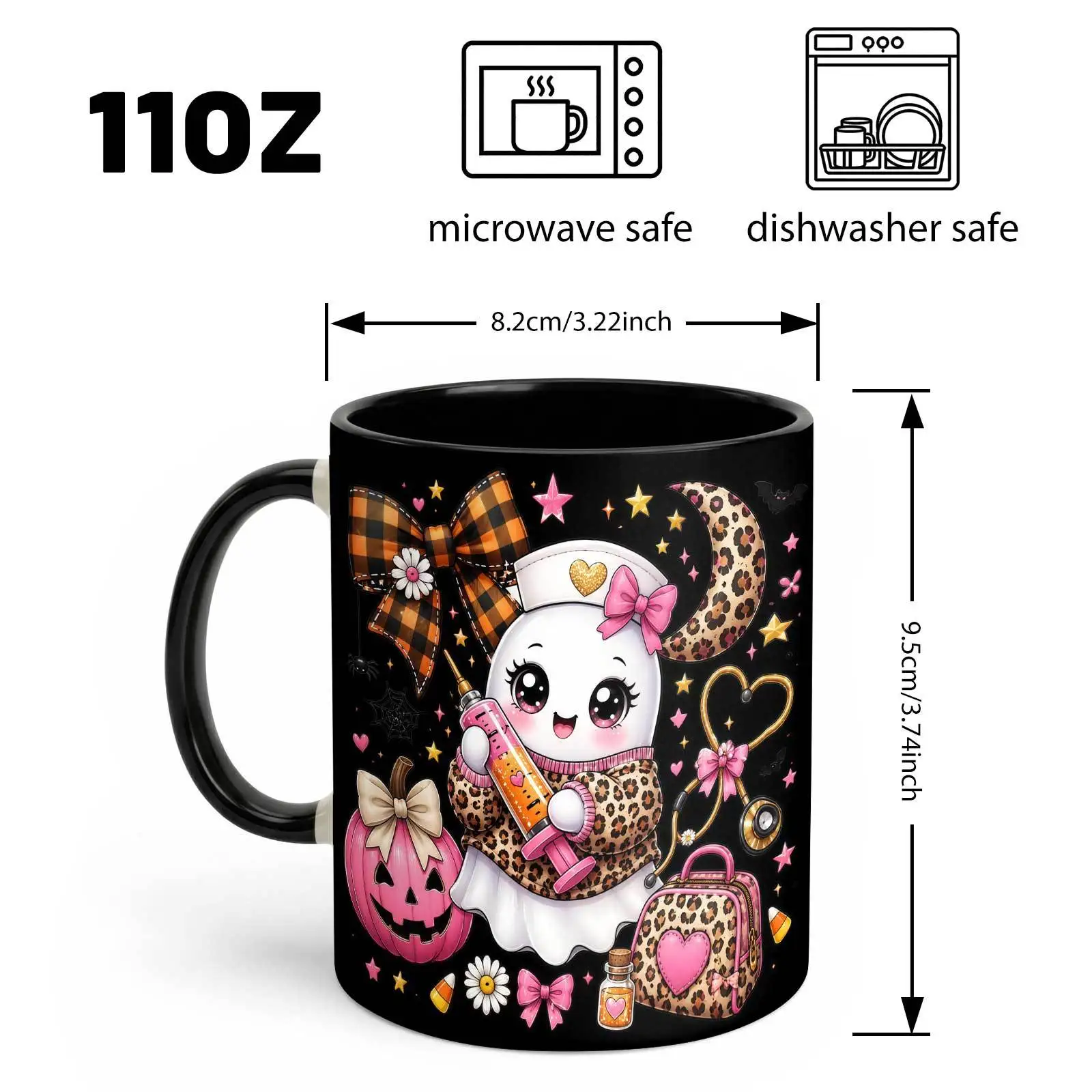 1pc, Nurse Ghost, 11 Oz Colored Ceramic Mug, Leopard And Pink Bows Design Print, for Hospital And Home, Halloween Gift, Tumbler, Local Warehouse, Gifts for Men And Women, Friends