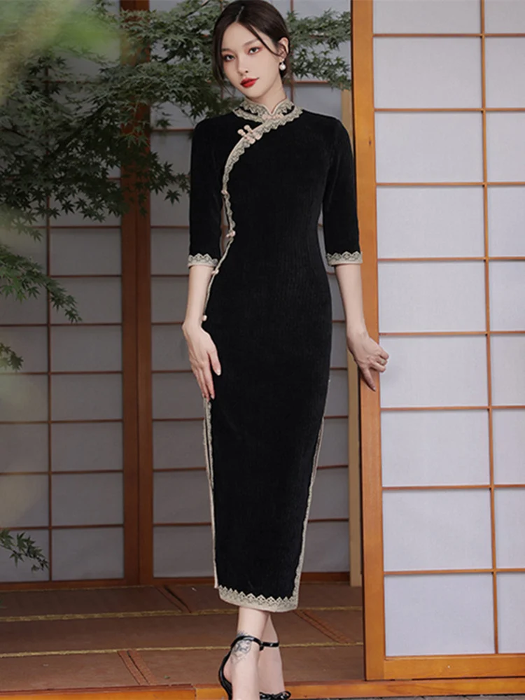 

Women's Black Dress Vintage Style Traditional Chinese Qipao Half Sleeve Chenille Spring Long Thick Dress Retro Cheongsam