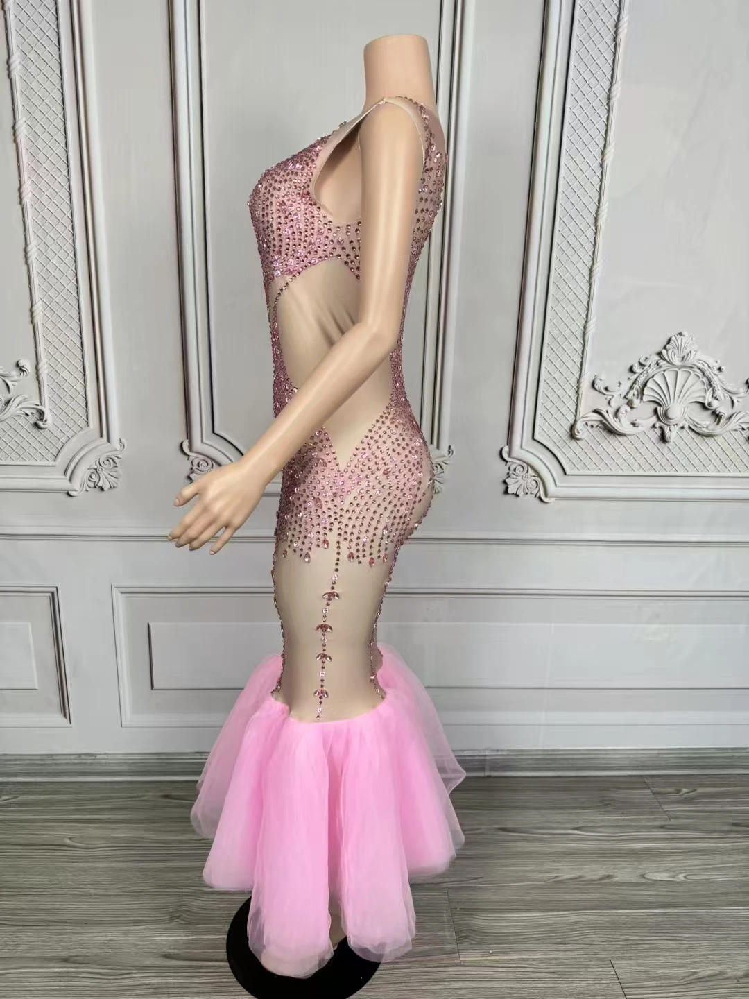 

Women Pink Rhinestones Evening Dress SexyMesh Celebrate Outfit Bar Nightclub Ds DjGogoCostume Stage Catwalk Dresses D255