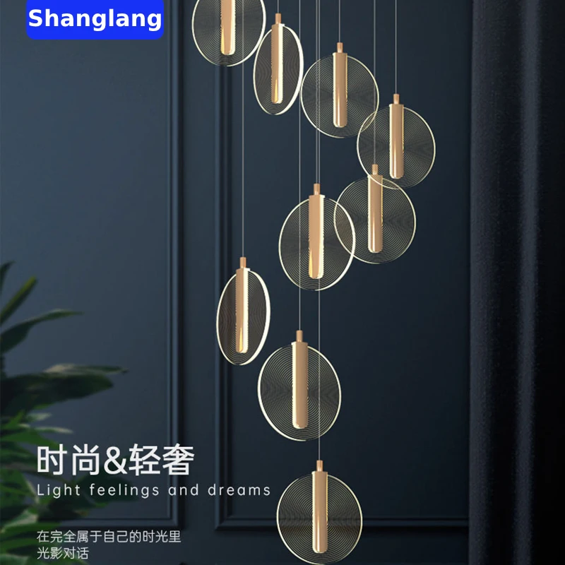 Modern Nordic LED Chandelier High Ceiling Villa Staircase Spiral Staircase Sound Cake Acrylic Hanging Light Household Lamps