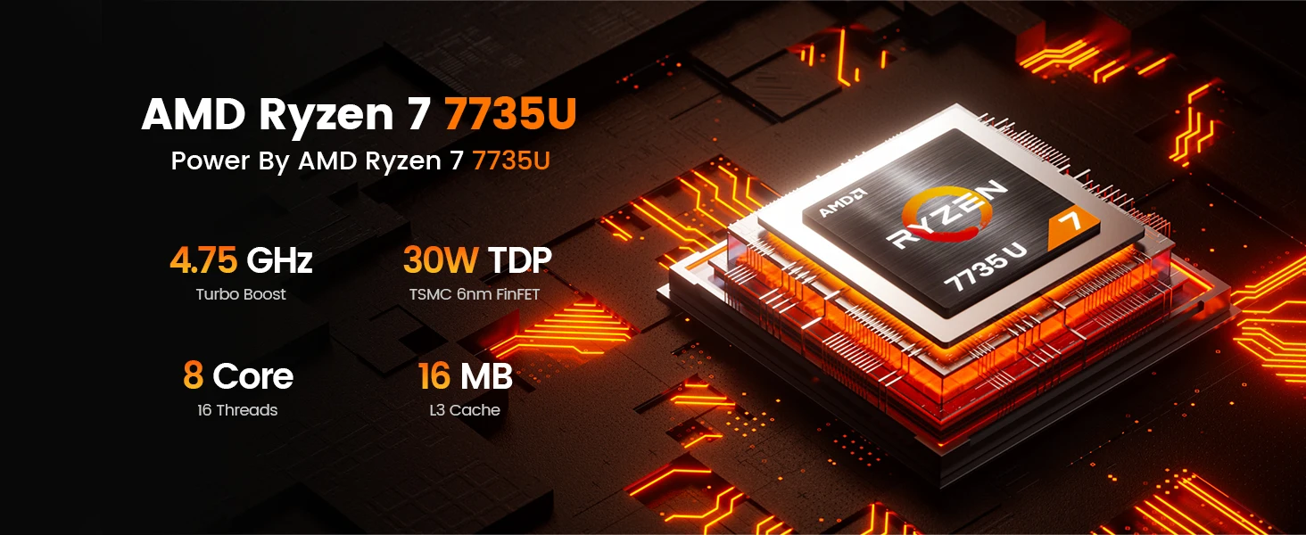 PELADN WO7 Mini PC AMD Ryzen 7 7735U (8C/16T, up to 4.75Ghz) 16GB DDR5+1TB SSD WiFi6 BT5.2 Quadruple-Display Mini Computer